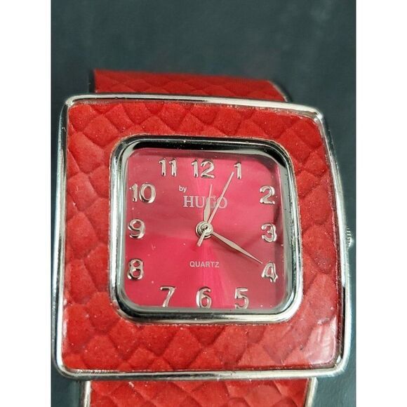 HUGO Quartz Red Y2k Big Statement Square Stainless Steel Cuff Ladies Watch - Picture 3 of 8